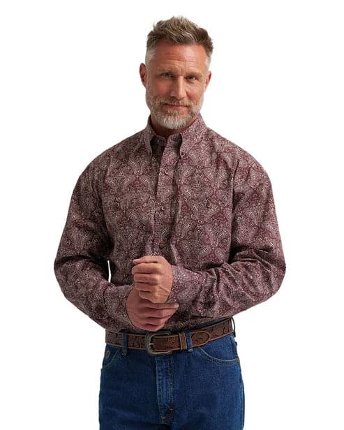 GEORGE STRAIT MN BTN PRINT BURGUNDY LS